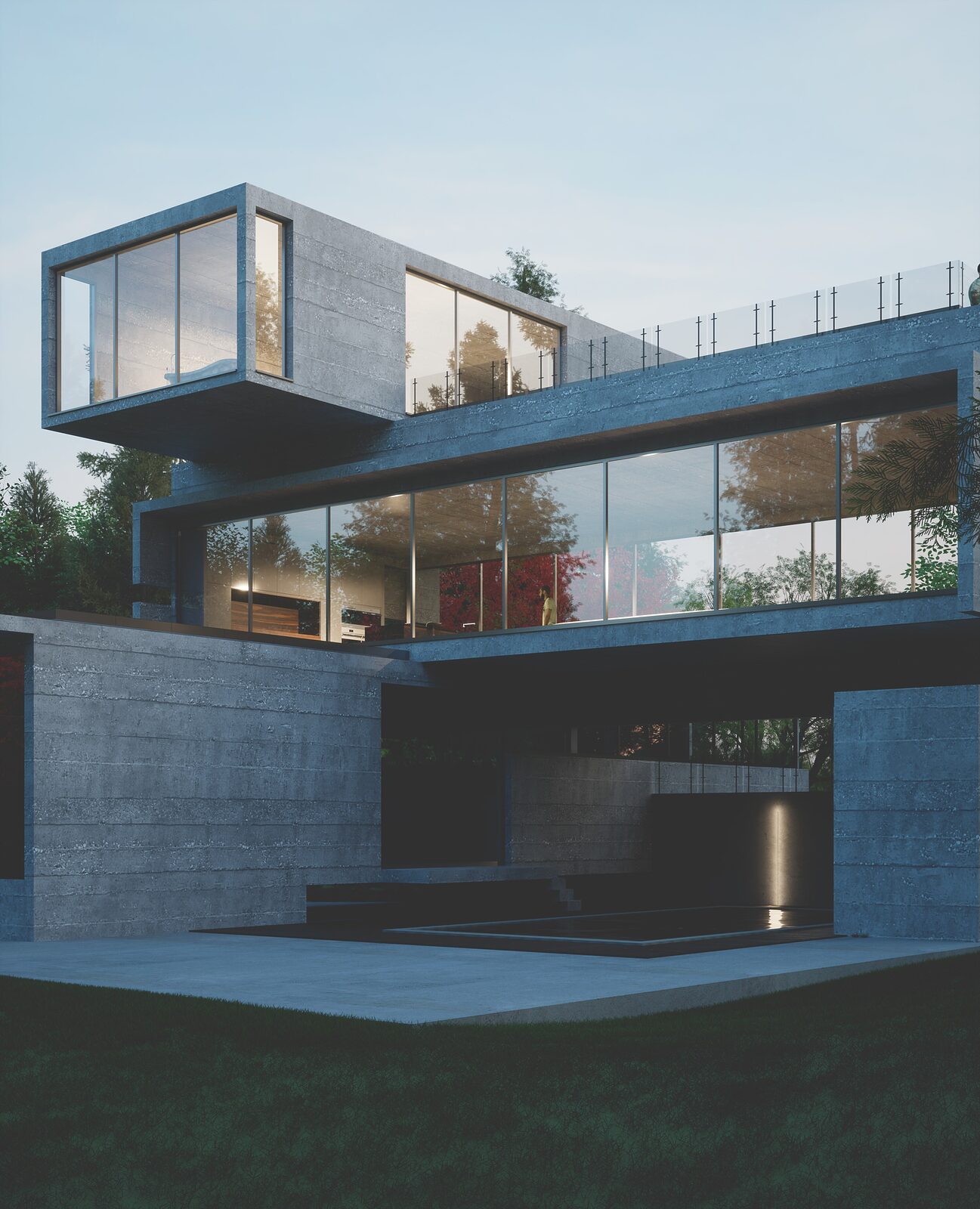 Concrete residence render at dusk, with lit interiors