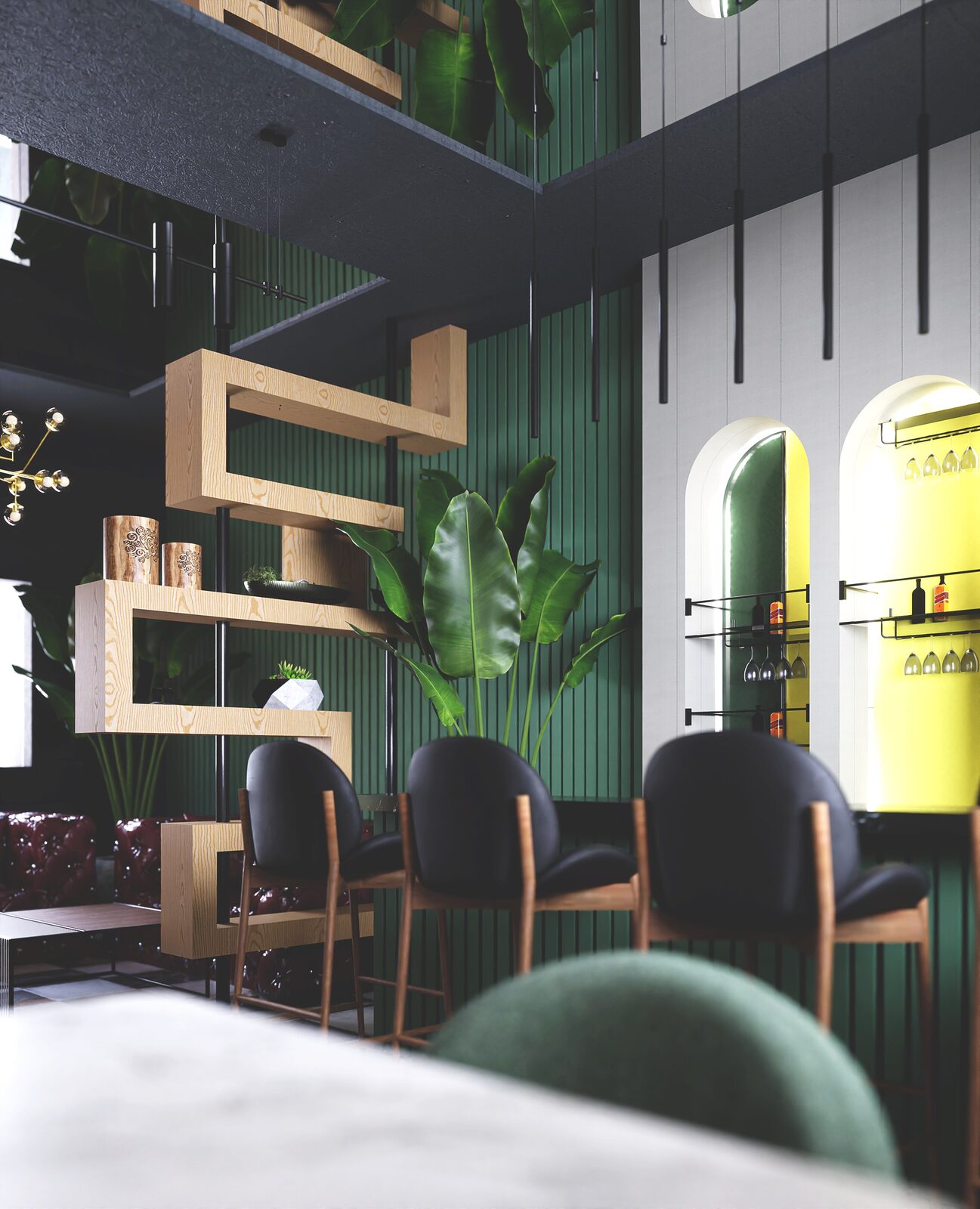 Interior visualization of a bar and lounge space with green panelling