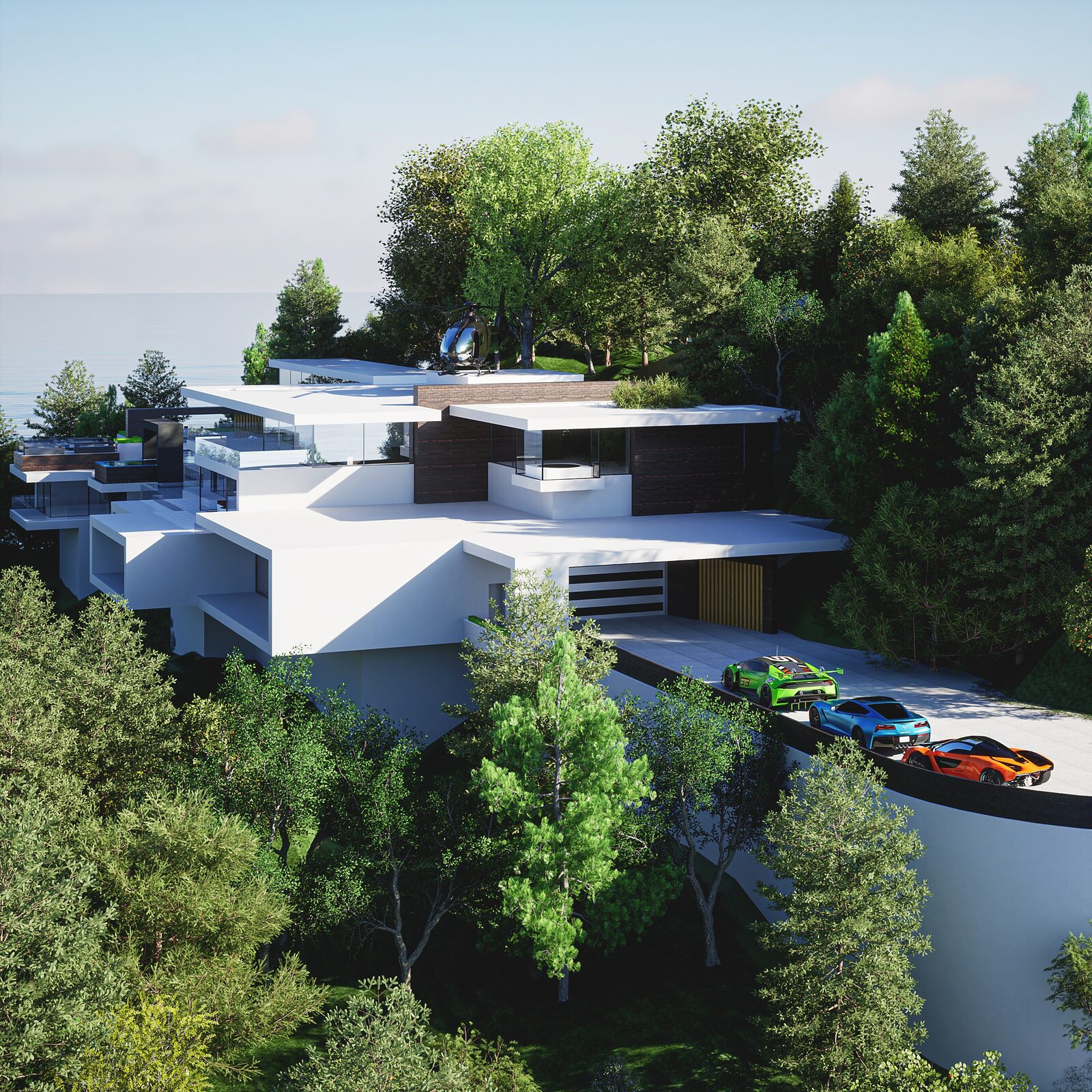 Aerial architectural visualization of a hillside residence with helicopter pad