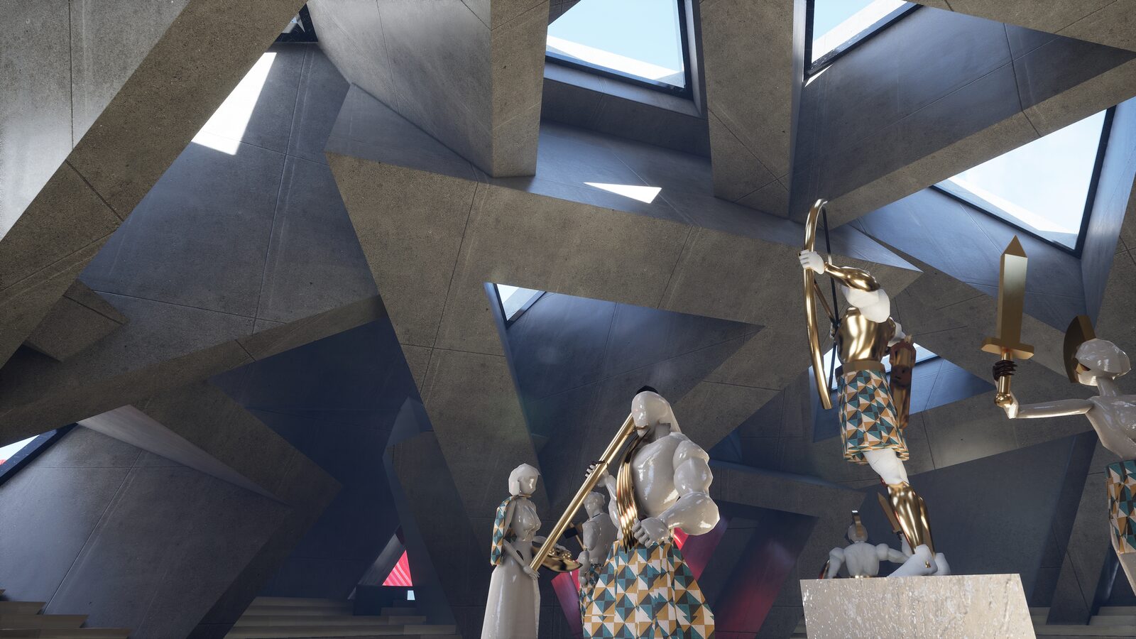 Interior render of The Calabash museum concept, sculptural figures beneath a geometric concrete ceiling