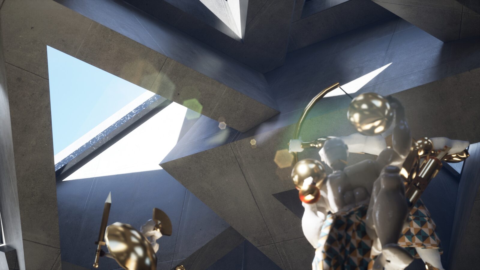 Interior render of The Calabash museum, upward view of triangulated concrete structure