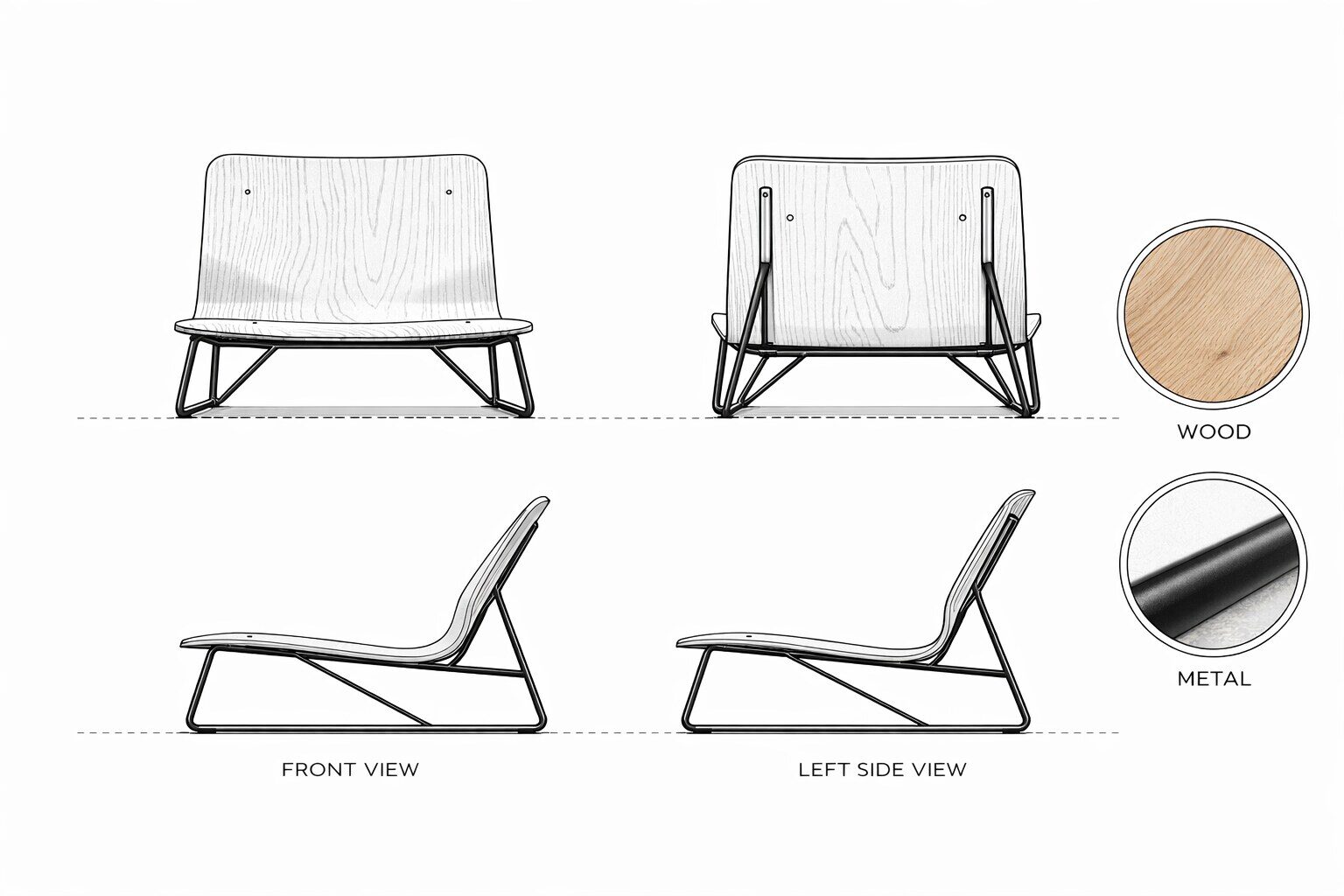 Ìgbáko Chair technical drawing, front and side views with material notes
