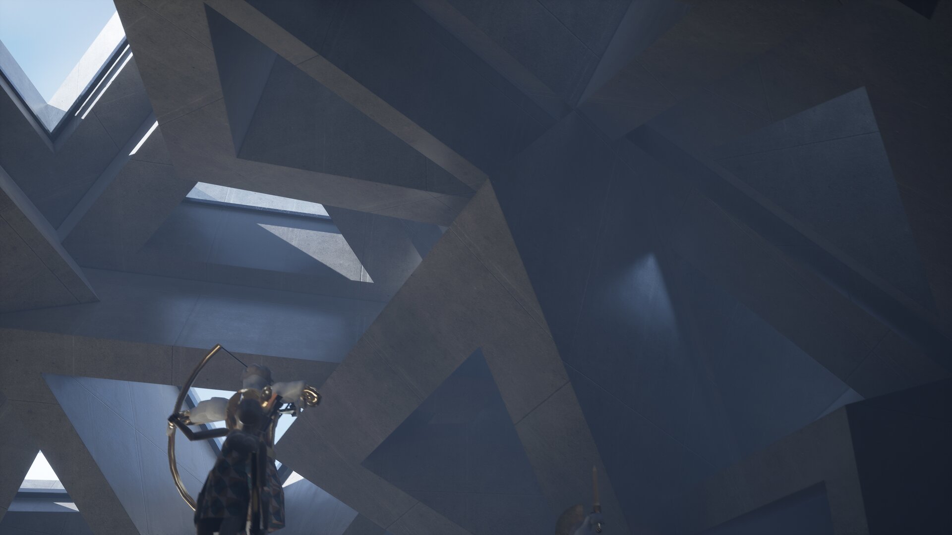 Interior render of The Calabash museum, sculptural archer figure