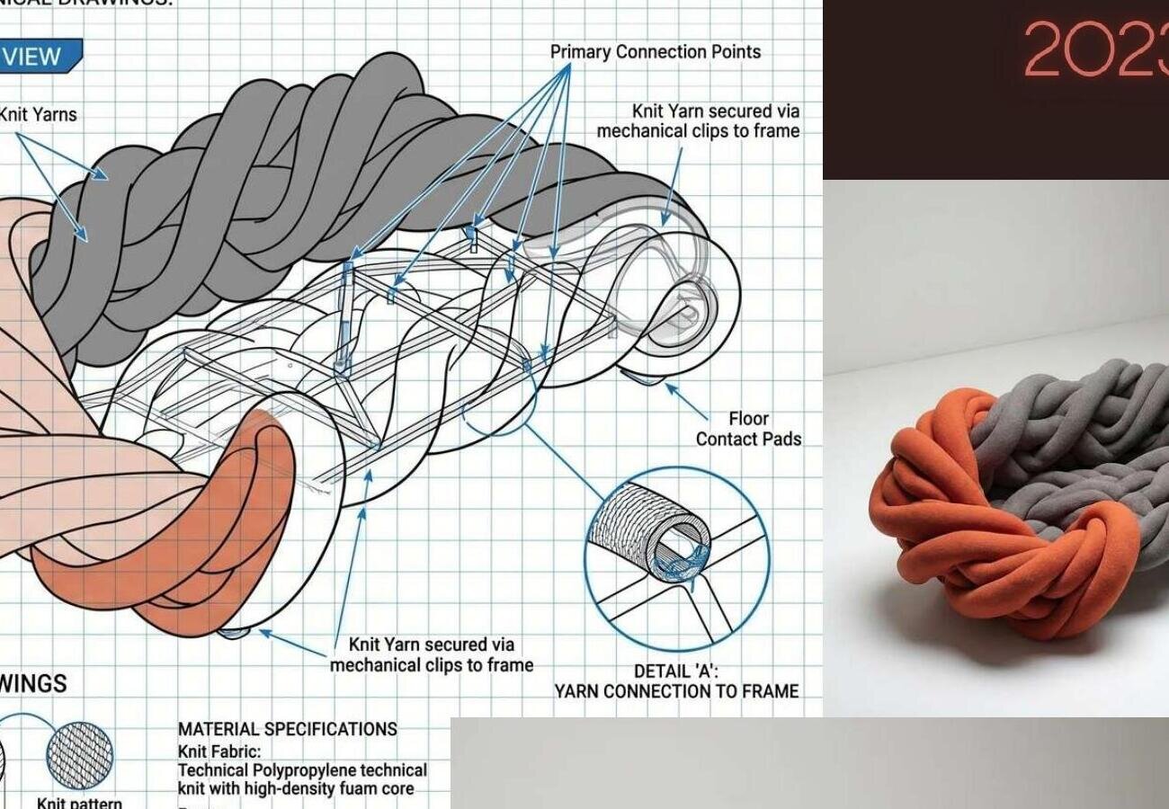 Apo Sofa concept render in charcoal grey and orange braided sections