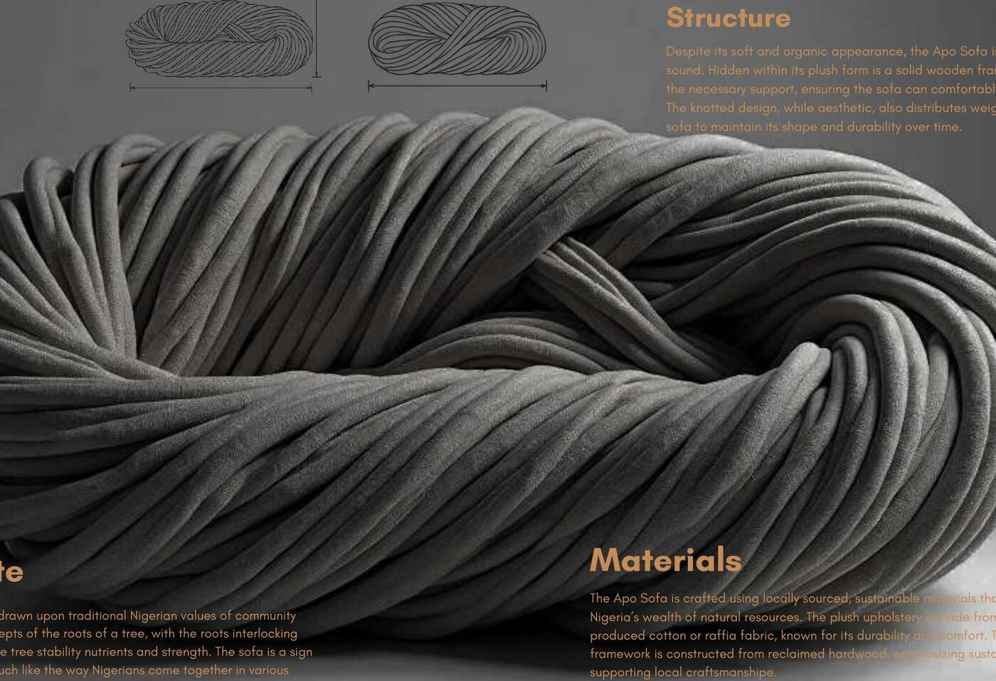 The Apo Sofa, a large hand-braided grey tubular knit sofa