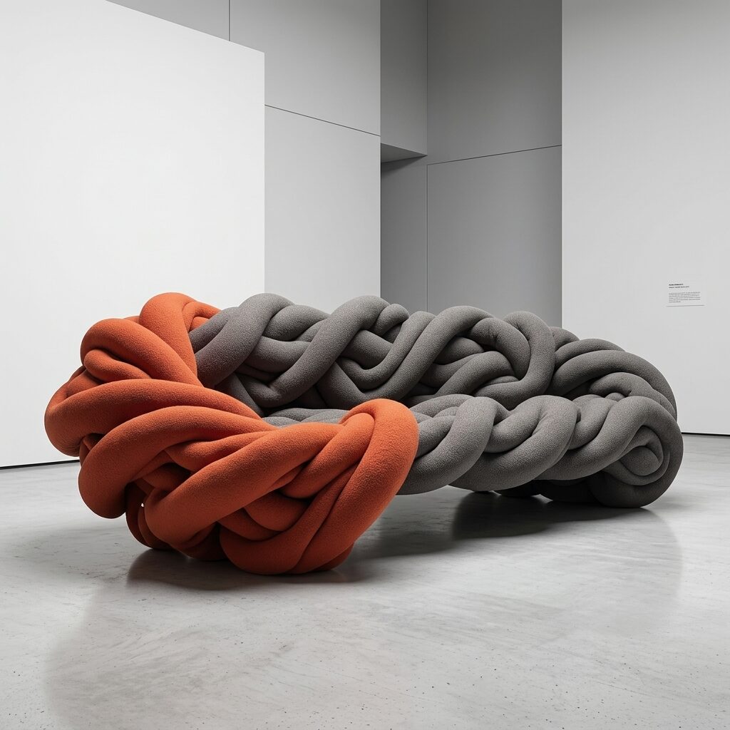 Apo Sofa render in charcoal grey and orange braided knit, gallery setting