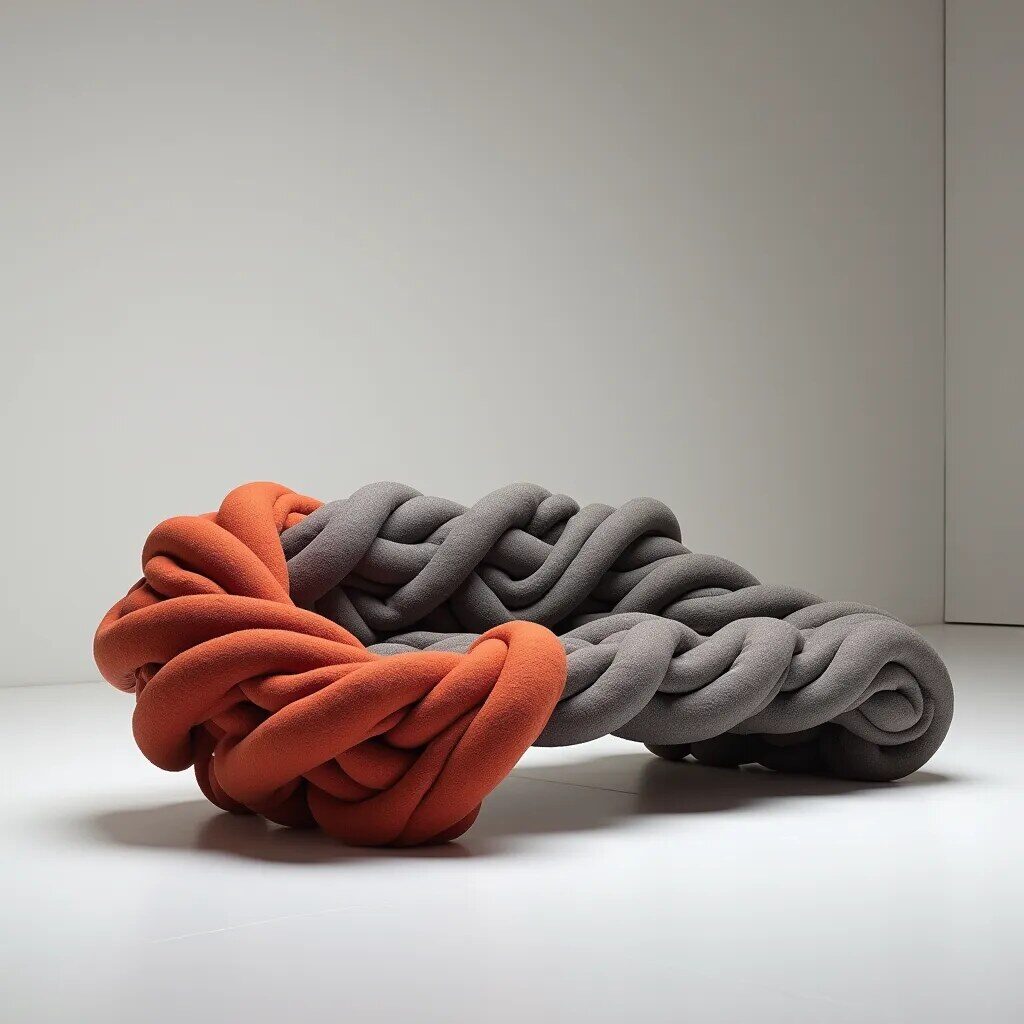 Apo Sofa render in charcoal grey and orange braided knit, studio setting